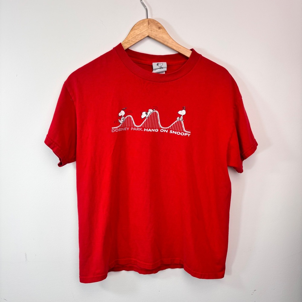 Vintage Dorney Park Snoopy Hang On Roller Coaster TShirt Red Peanuts Baby Tee XL